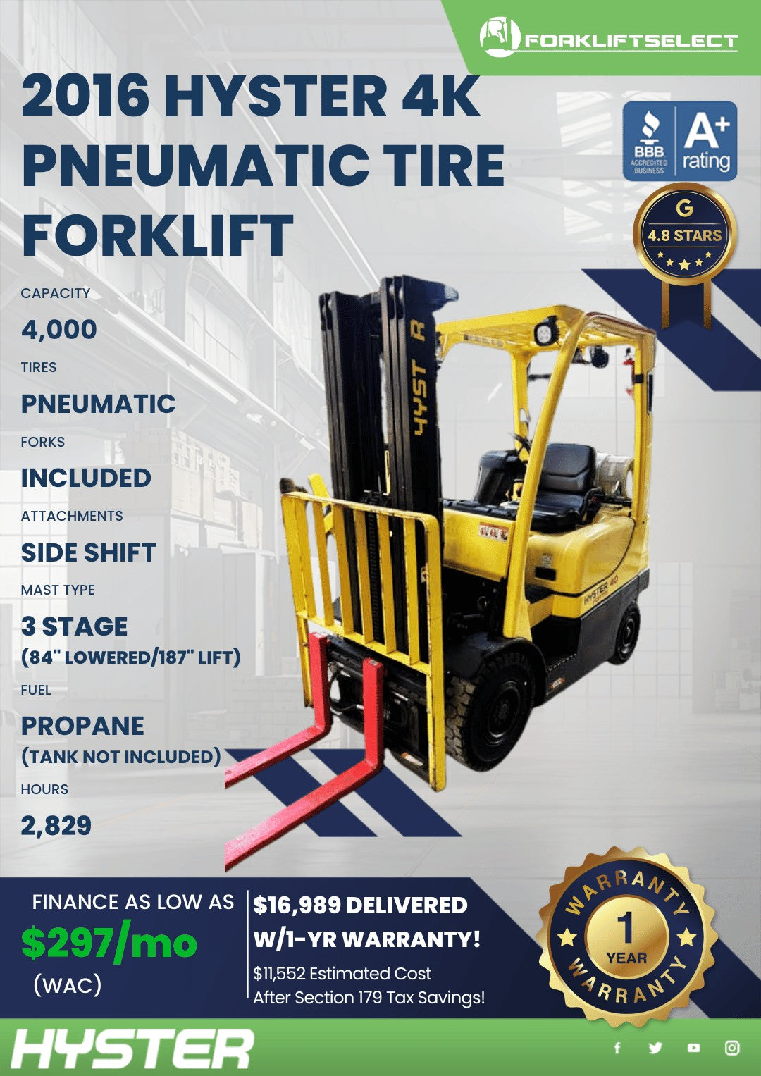 2016 Hyster 4K Pneumatic