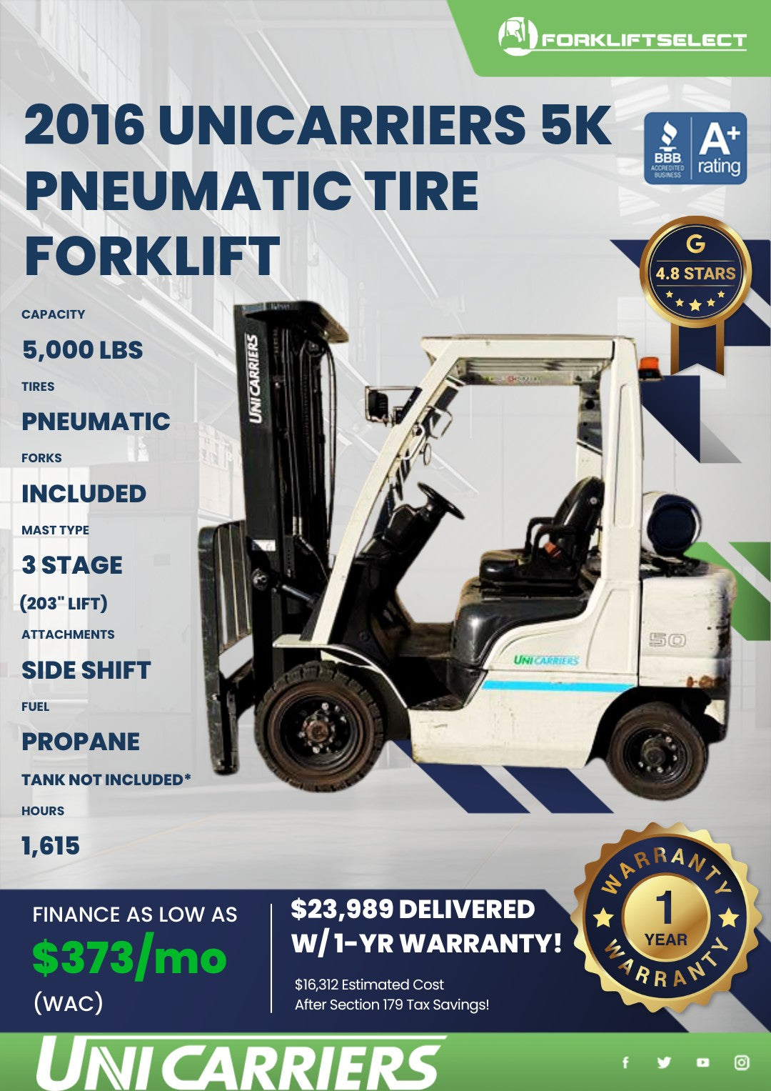 2016 UniCarriers 5K Pneumatic