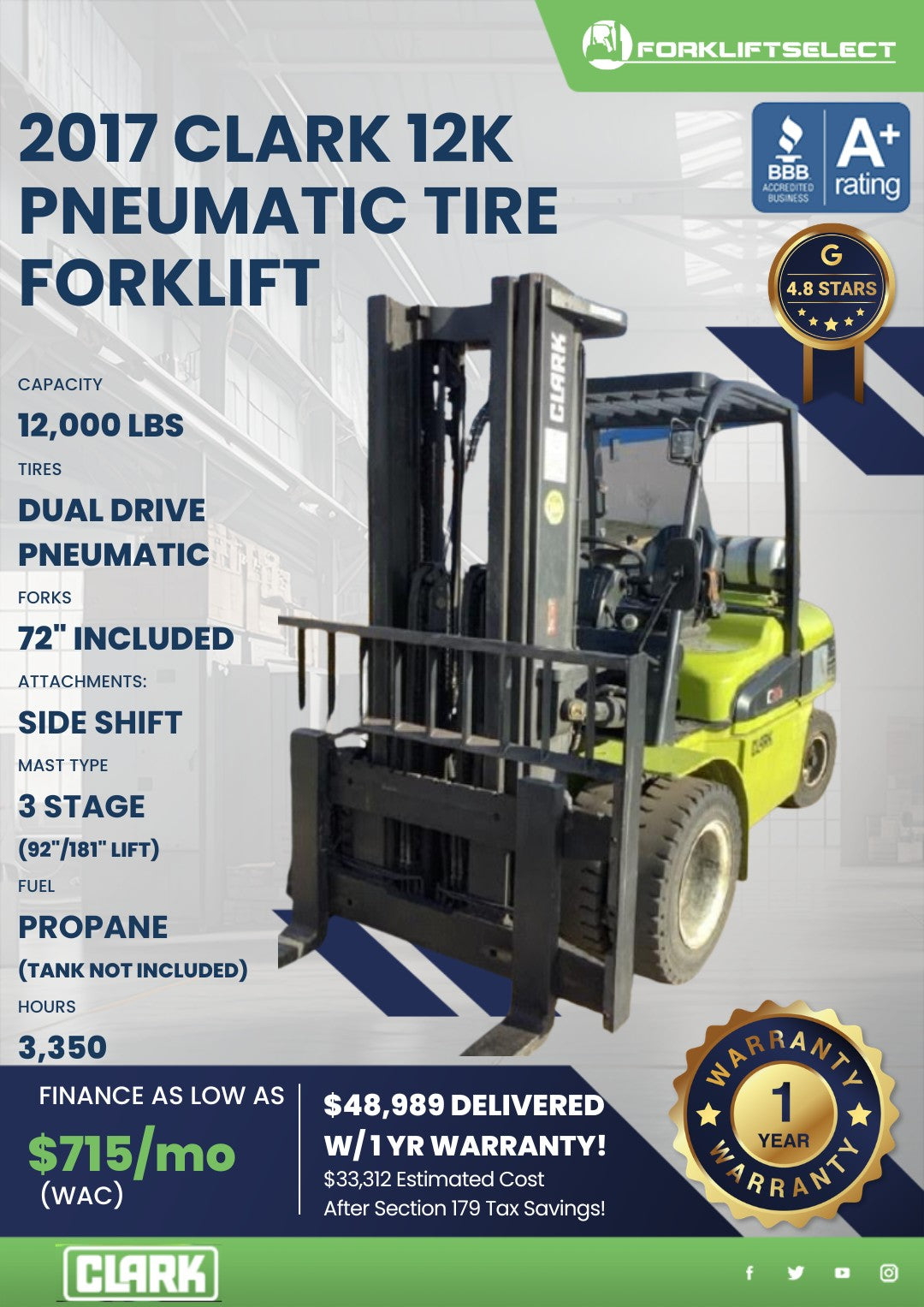 2017 Clark 12K Pneumatic