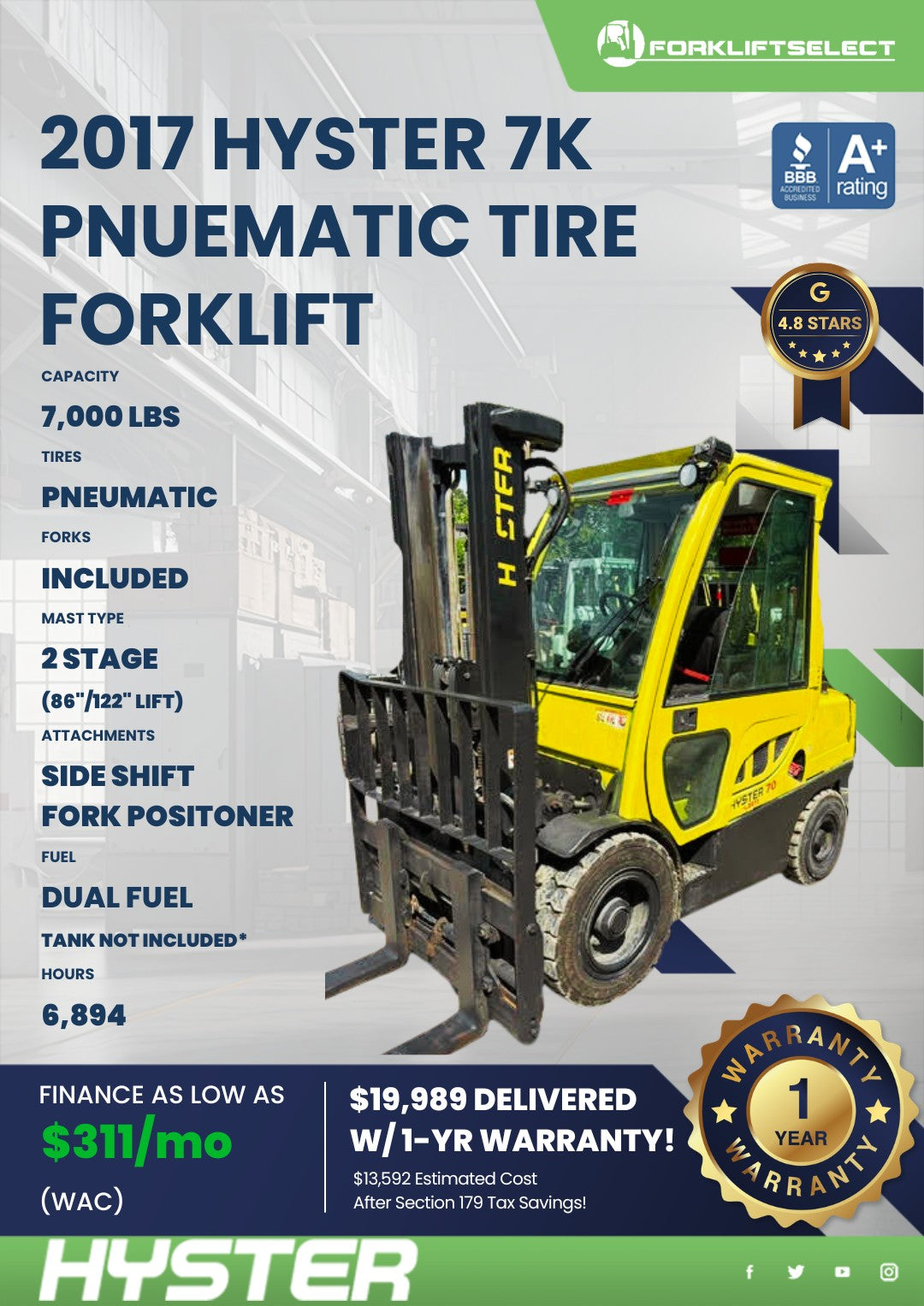 2017 Hyster 7K Pneumatic