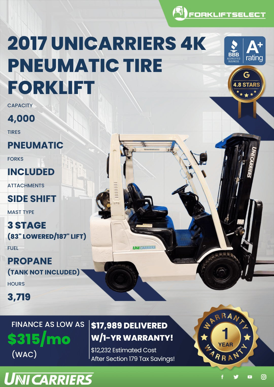 2017 UniCarriers 4K Pneumatic