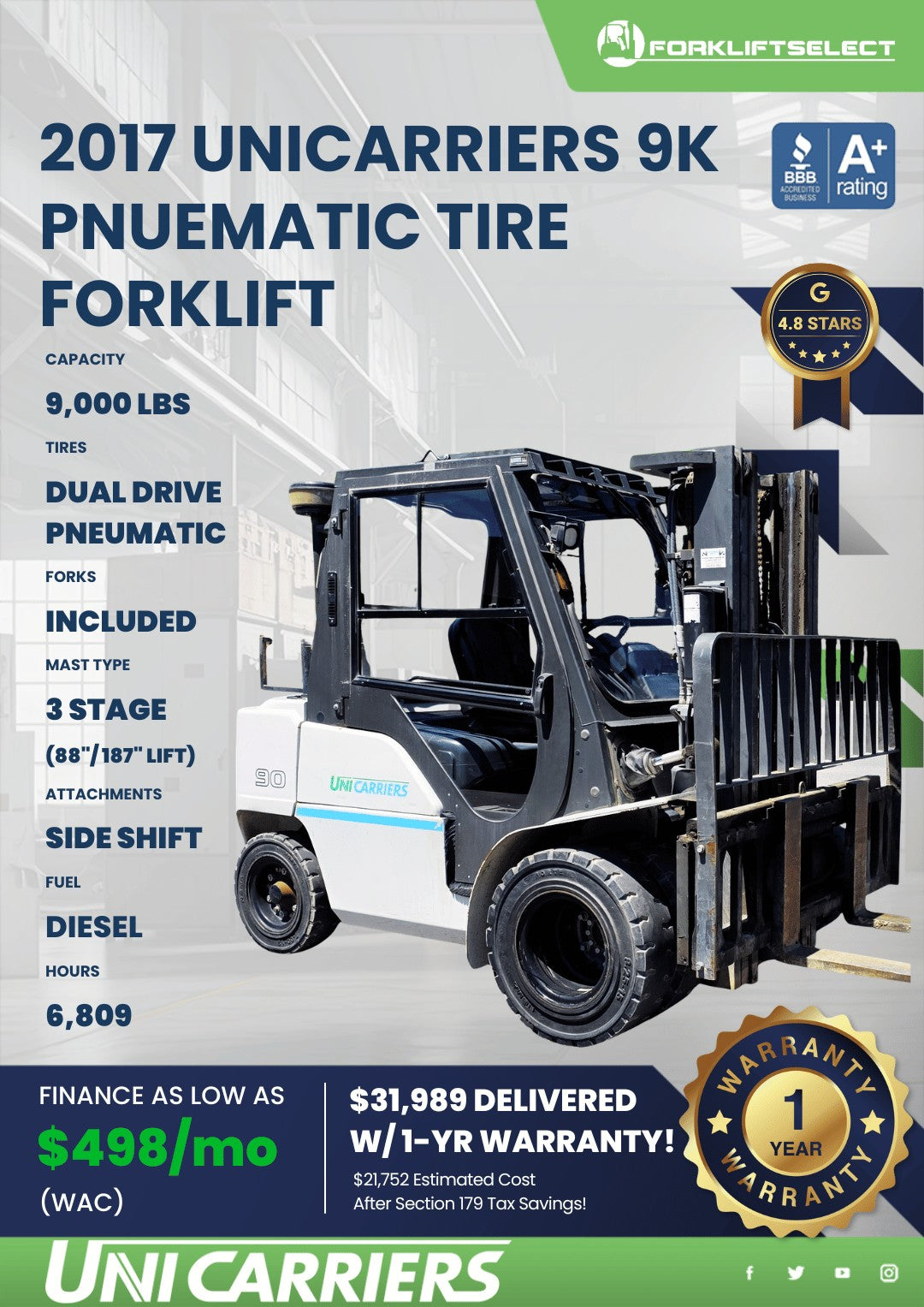 2017 UniCarriers 9K Pneumatic