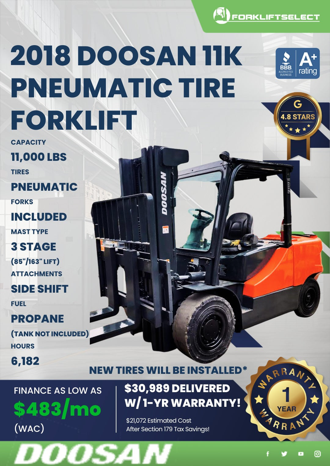 2018 Doosan 11K Pneumatic