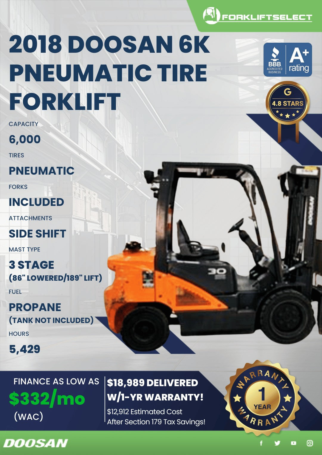 2018 Doosan 6K Pneumatic
