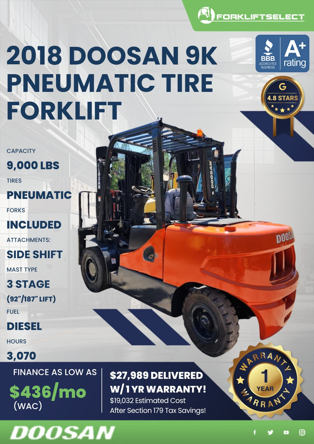 2018 Doosan 9K Pneumatic