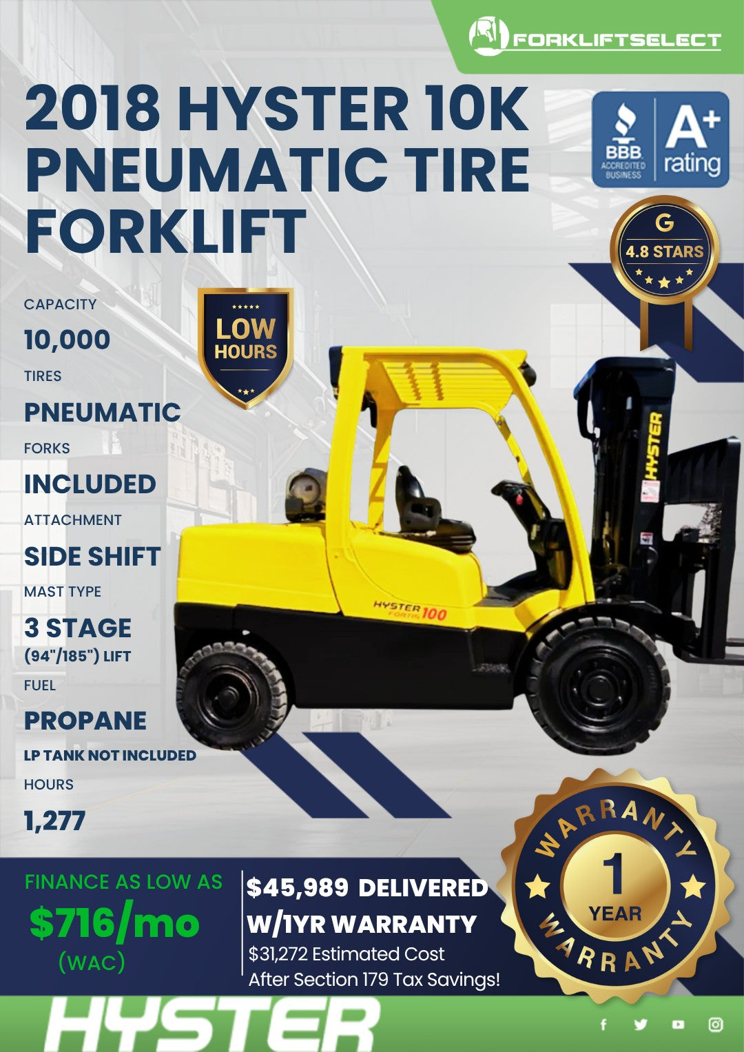 2018 Hyster 10K Pneumatic