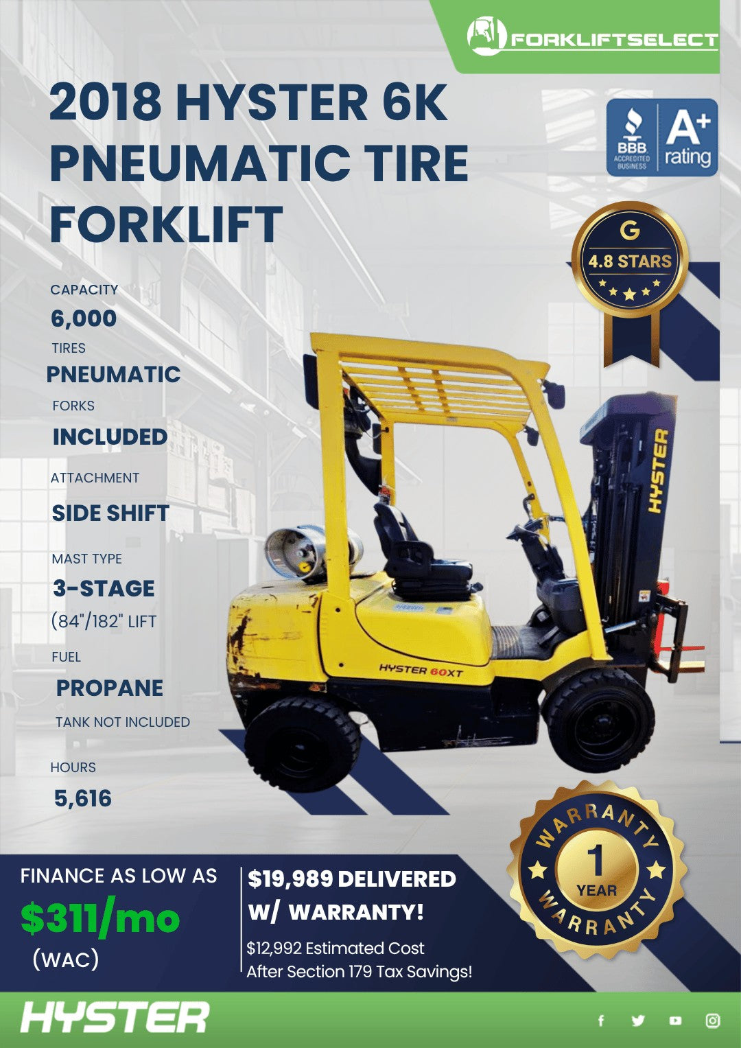2018 Hyster 6K Pneumatic
