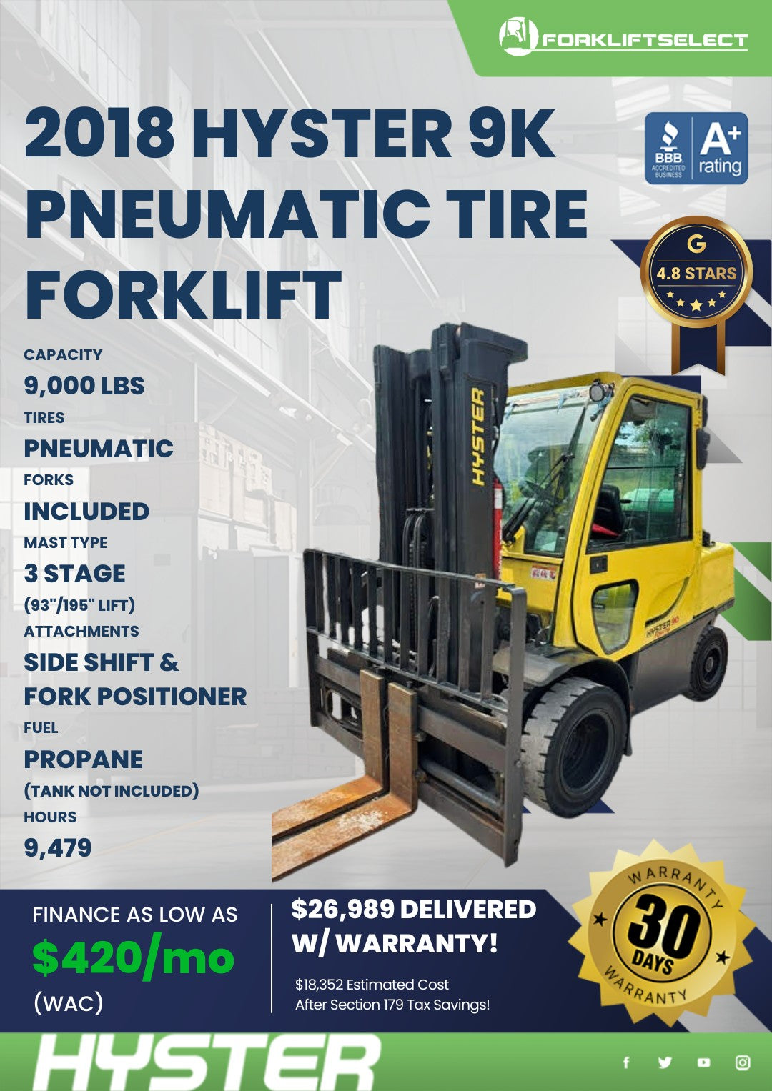 2018 Hyster 9K Pneumatic