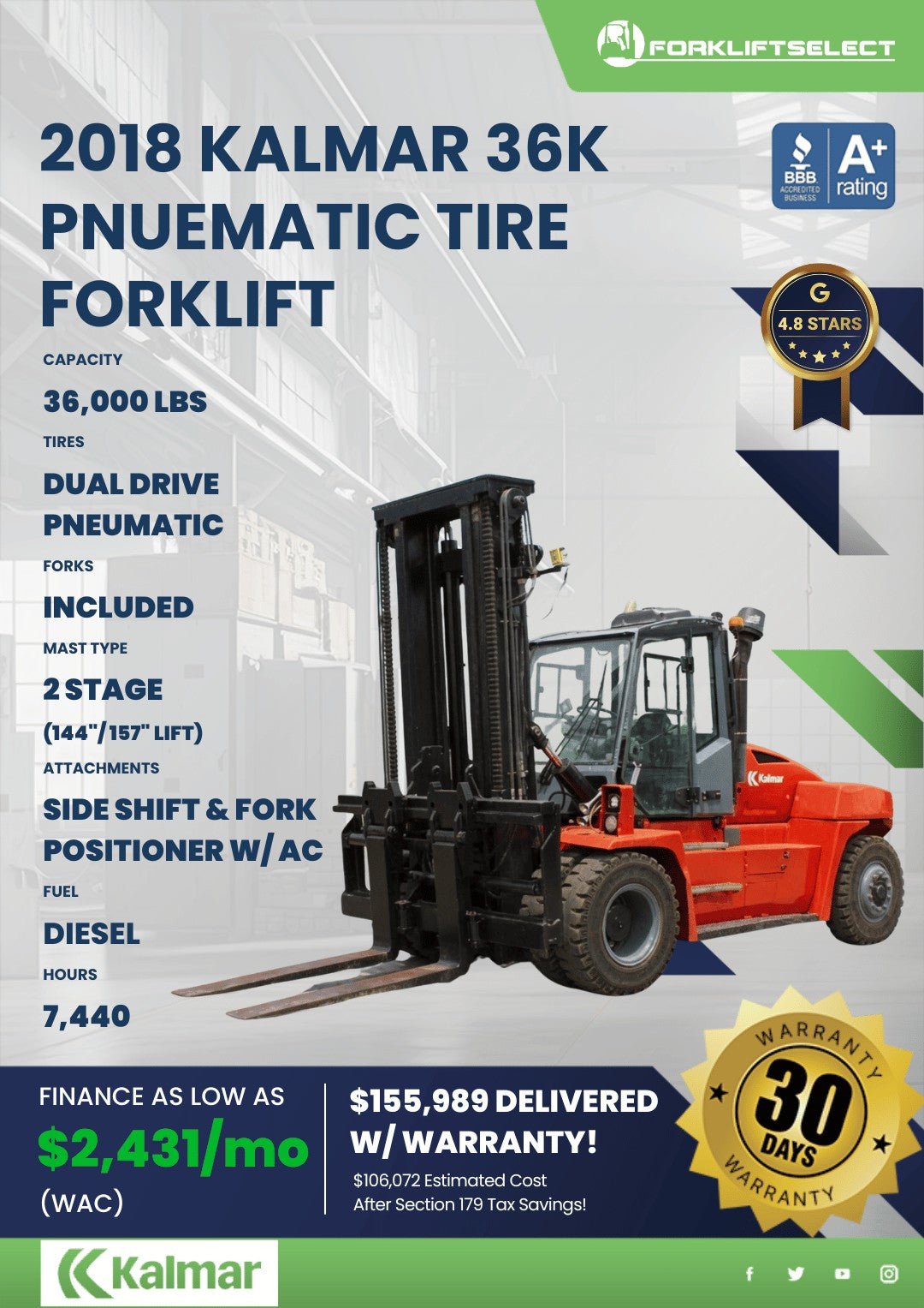 2018 Kalmar 36K Pneumatic