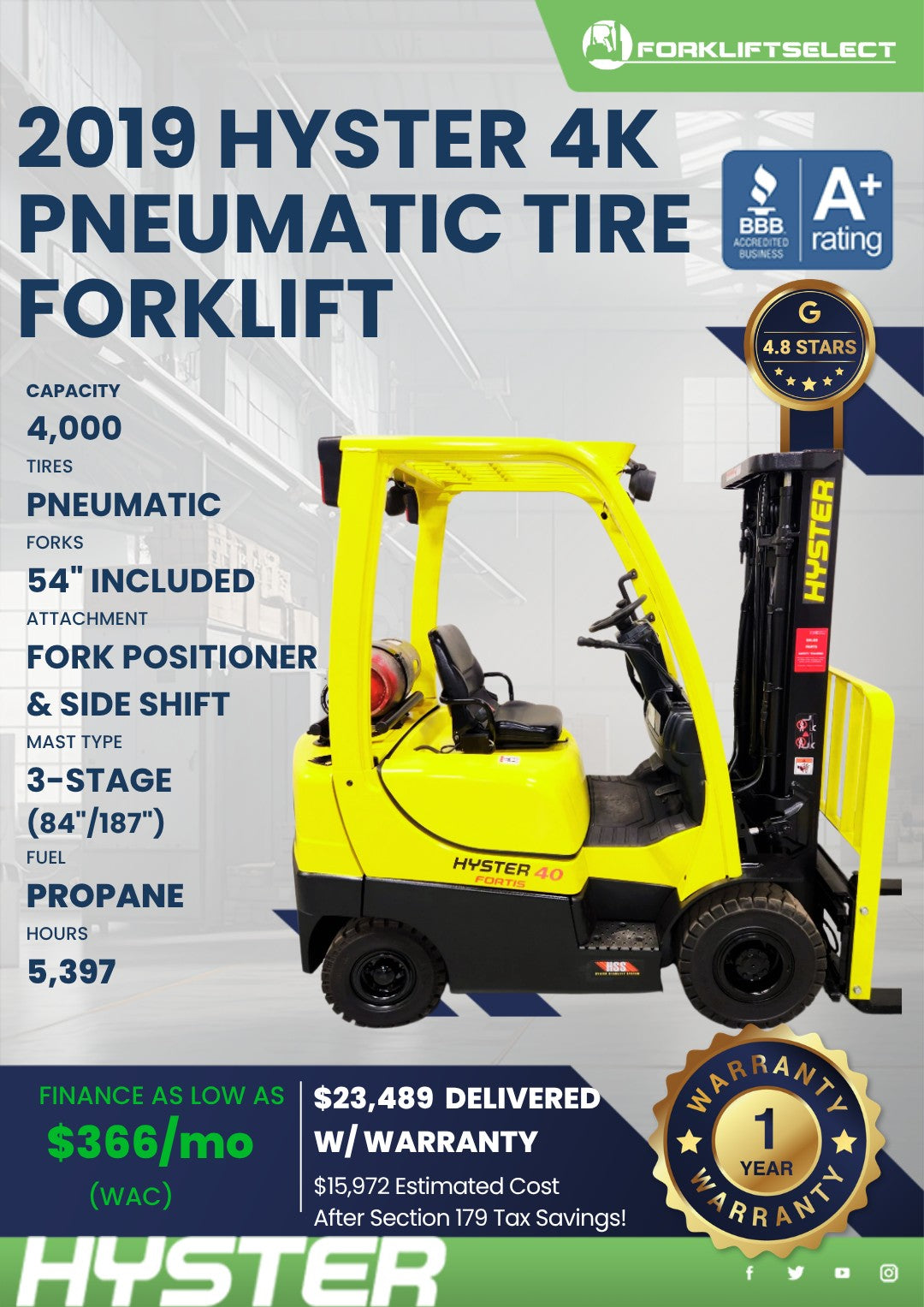 2019 Hyster 4K Pneumatic