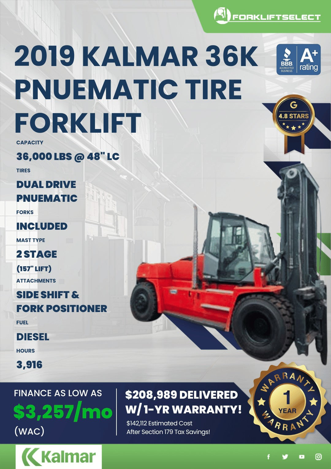2019 Kalmar 36K Pneumatic
