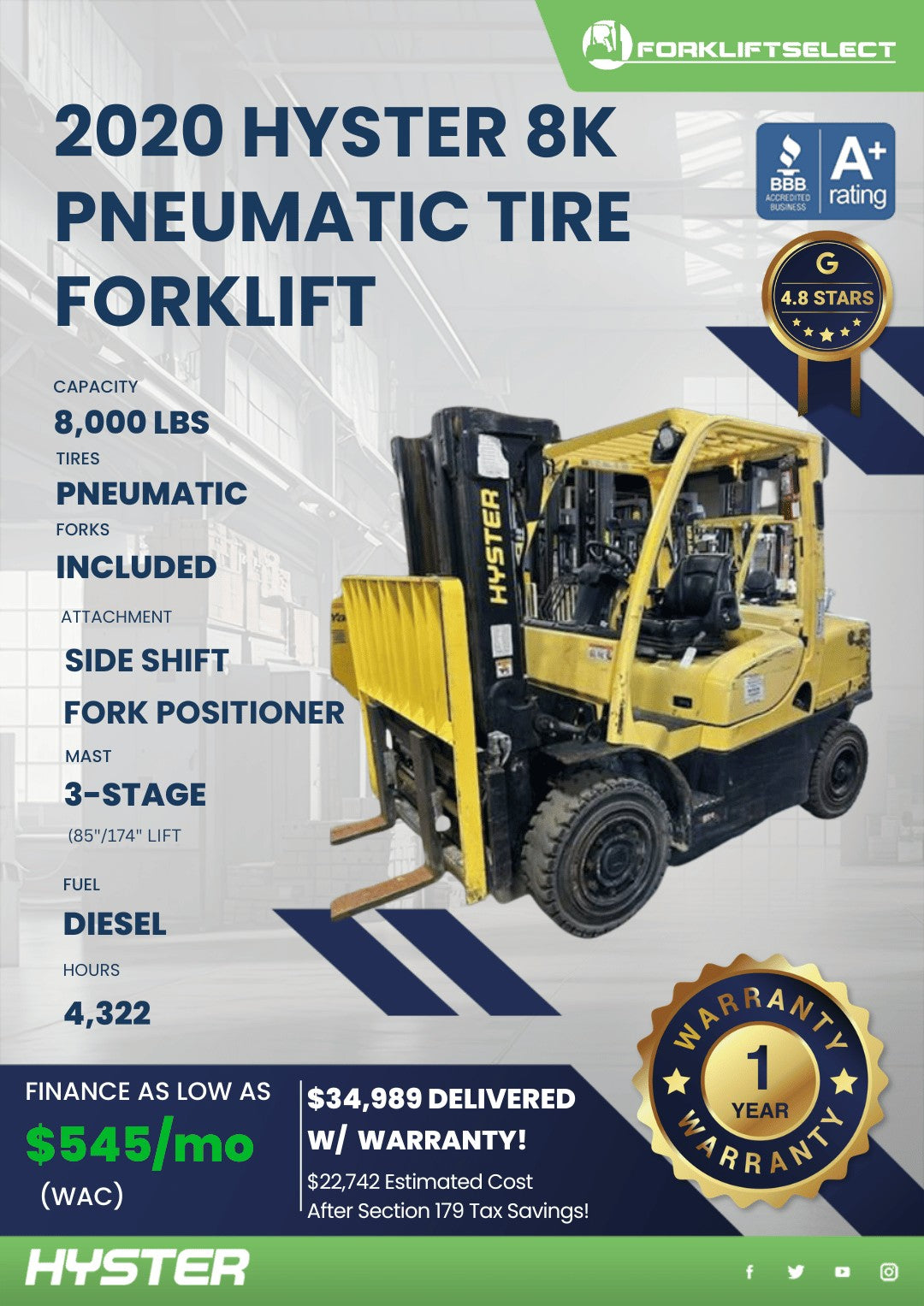 2020 Hyster 8K Pneumatic