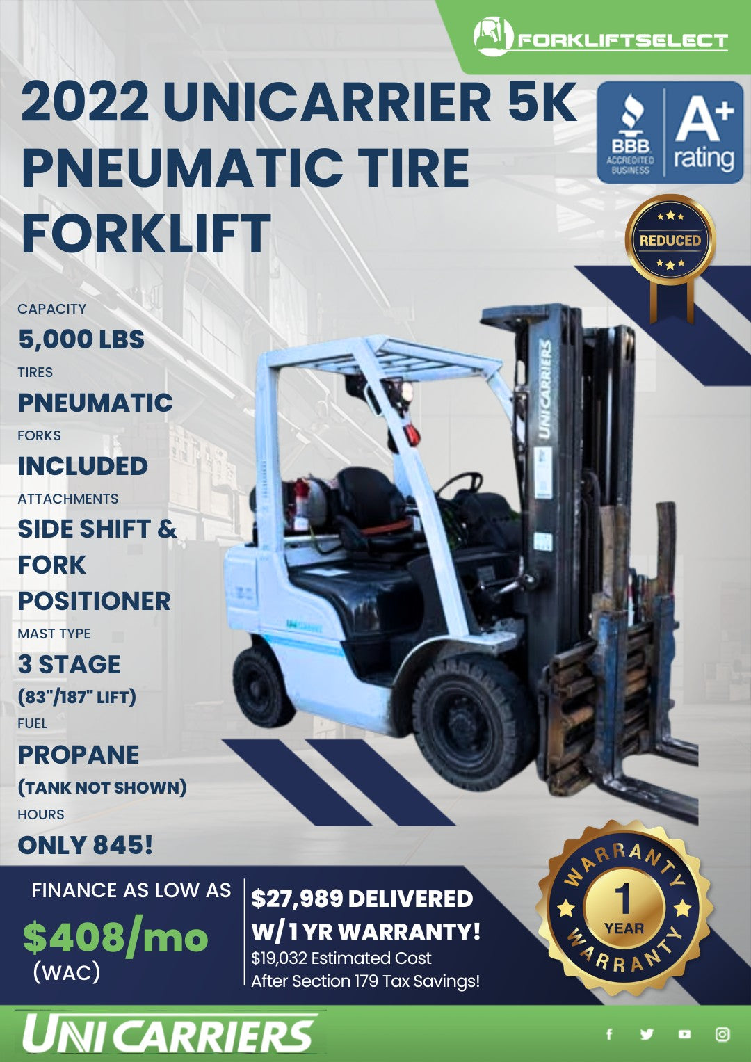 2022 UniCarriers 5K Pneumatic